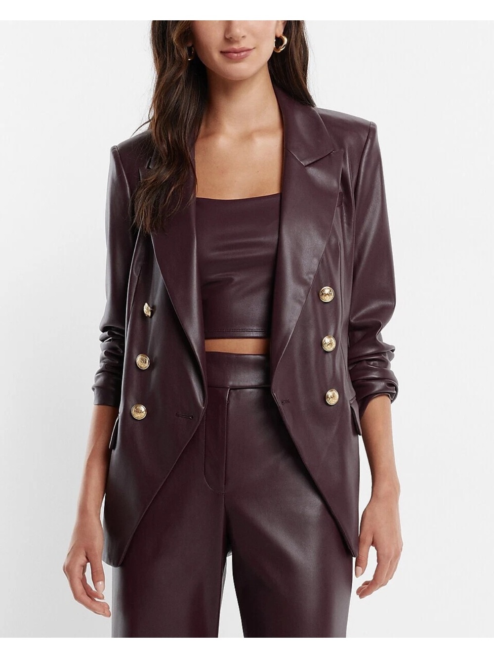 Express Double-Breasted Vegan Leather Blazer in Burgundy